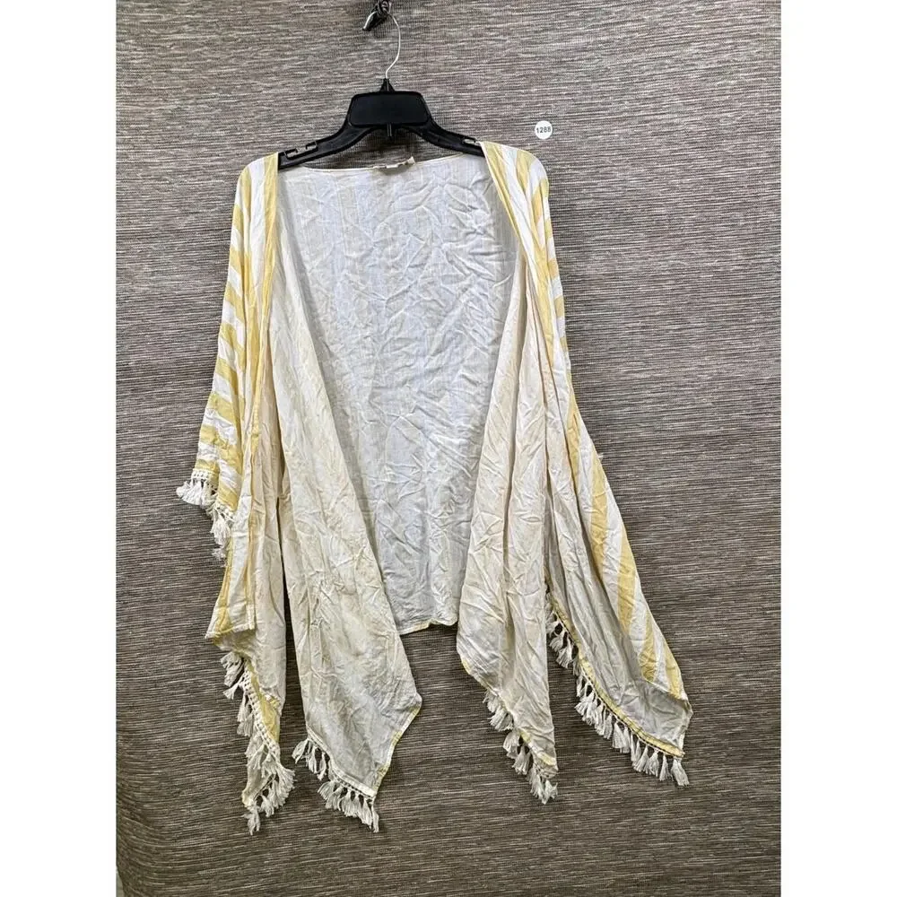 Umgee Fringed Shawl Wrap Womens Size 1XL/2XL White Yellow Striped Boho Casual